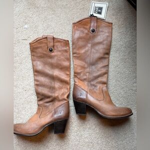 Frye Brown Leather Heeled Knee High Pull On Boots